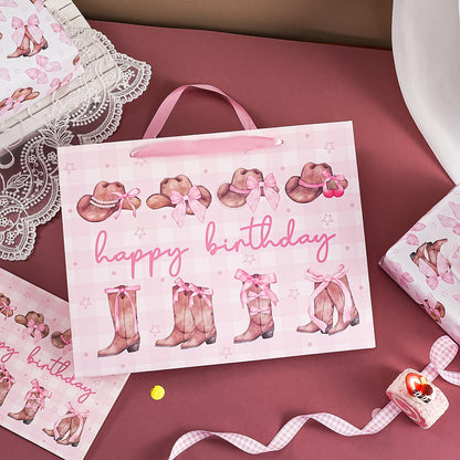 WRAPAHOLIC 13" Large Pink Cowgirl Birthday Gift Bag with Card and Tissue Paper - Western Bow Happy Birthday Wrapping Paper Bags for Party Favors Decor Girls Women Supplies