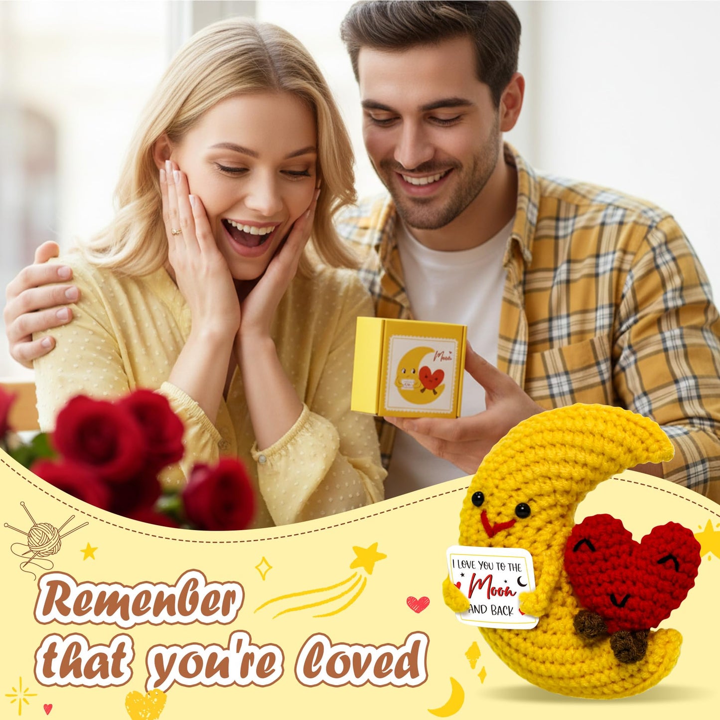 Crochet Moon Heart Mother's Gift – Handmade Crochet Pocket Hug Heart I Love You Mum Gift for Women Couples Best Friend Her Him Boyfriend Anniversary Wedding Mother's Day Decoration