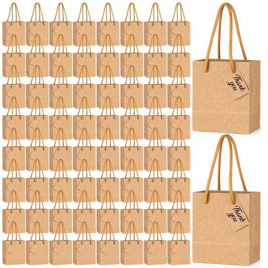 Oqqlin 50 Pcs Brown Mini Gift Bags Bulk, 4 x 2.75 x 4.5 Inch Extra Small Gift Bag with Handle Tags Tiny Thank You Gifts Bag for Party, Wedding, Birthday, Small Business