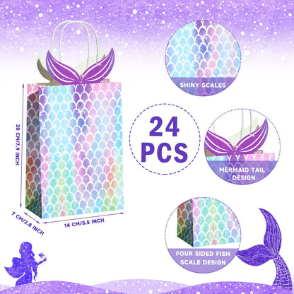 Chinco 24 Pieces Mermaid Gift Bags Party Favors Goodie Candy Treat Bags with Handle Mermaid Party Supplies for Girls Birthday Baby Shower Little Decorations
