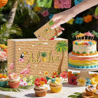 Hawaiian Gift Bag Luau Tiki Party Decorations Wood grain Hawaiian Gift Bag with Tissue Paper and Card Flamingo Beach Wrapping Bags for Tropical Summer Beach Pool Birthday Party Decorations