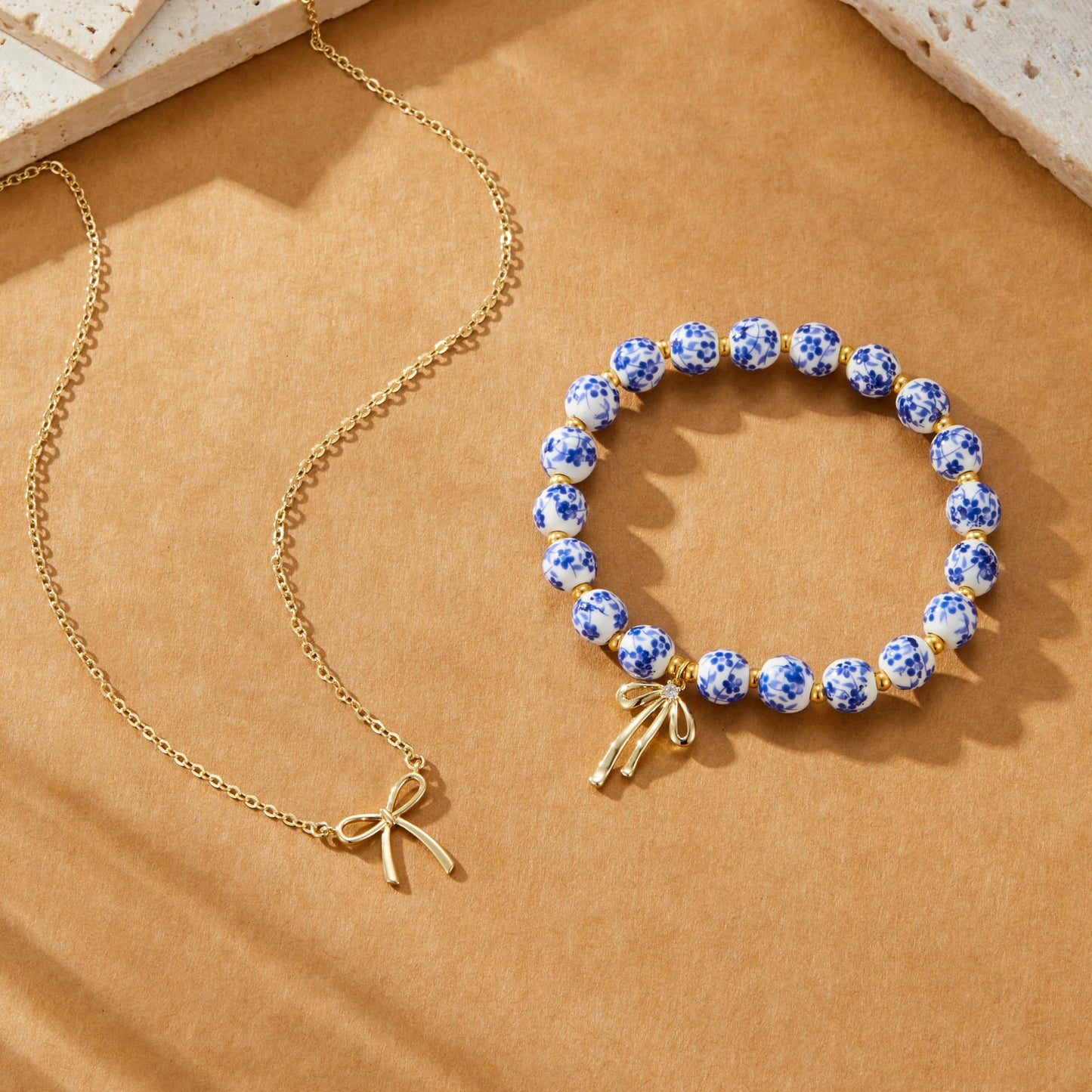 Bow Bracelet Necklace Set 14K Gold Beaded Bracelet Dainty Bow Pendant Choker Jewelry Gift Set