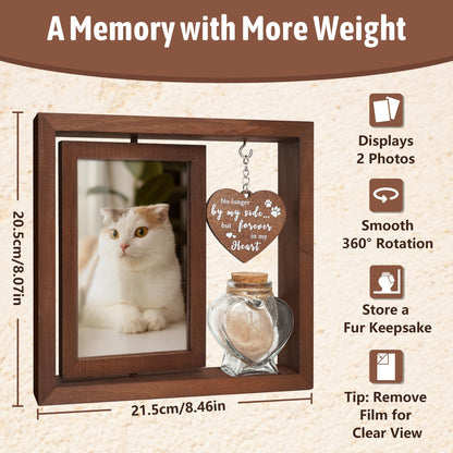 Cat Memorial Gifts for Loss of Cat - Rotating Wooden Frame for 4x6 Photo & Fur Hair Jar - Sympathy Gift for Pet Bereavement, Remembrance Keepsake - Rainbow Bridge Gift for Cat Lovers