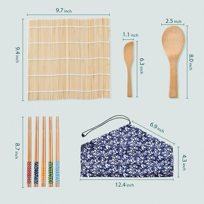 Soeos Sushi Making Kit, Sushi Making Kit for Beginners with 2 Sushi Rolling Mats, 5 Pairs Chopsticks, 1 Paddle, 1 Spreader, 1 Cotton Bag, All Natural Bamboo Sushi Maker Gift Set for Party & Family