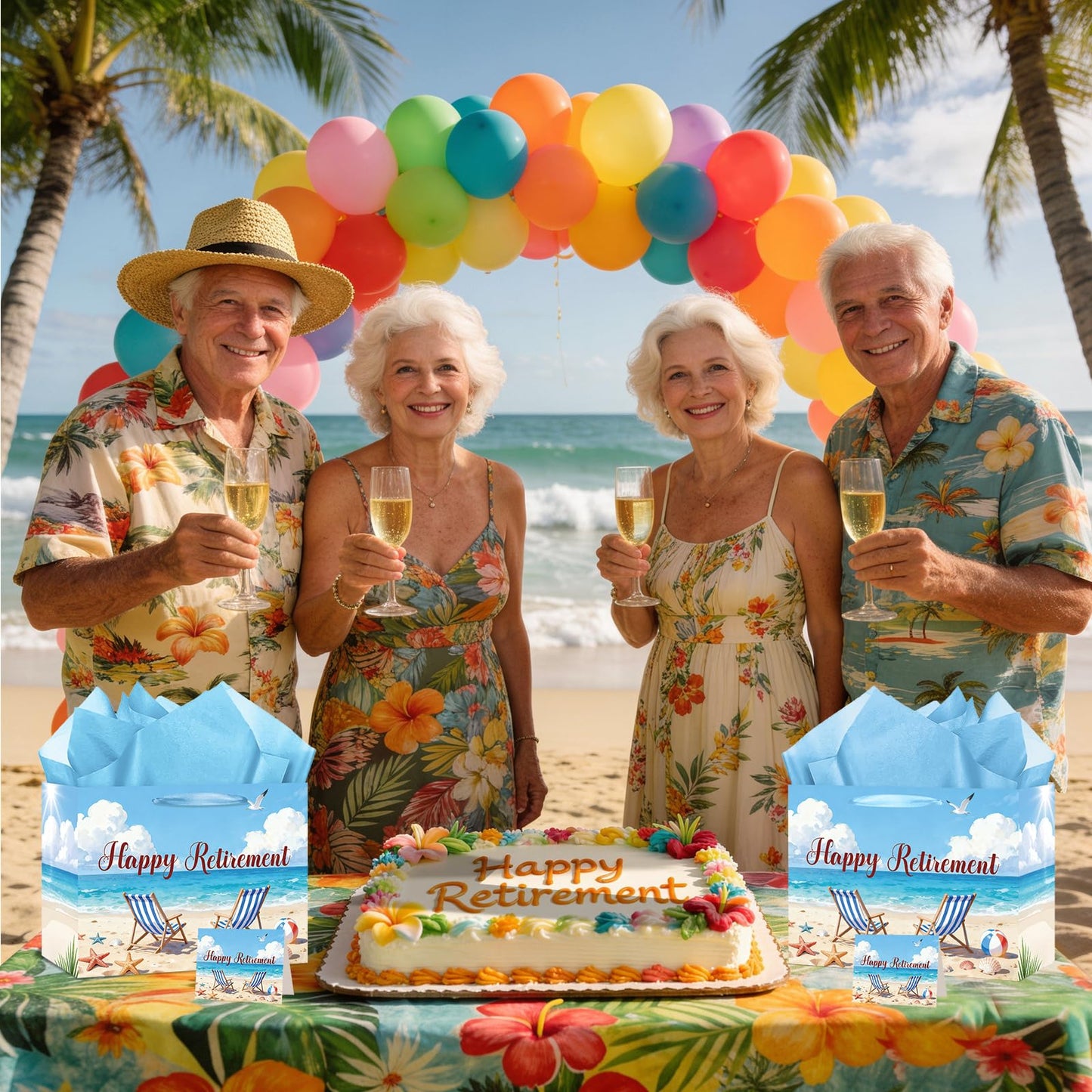 Happy Retirement Gift Bag Summer Hawaiian Beach Funny Retired Gift Bags with Card and Tissue Paper Seaside Vacation Theme Retirement Decor for Women Men Coworker Farewell Going Away Party Supplies