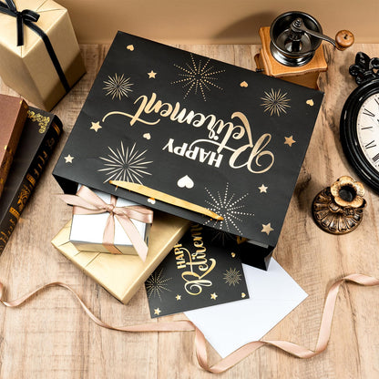 LeZakaa Happy Retirement Gift Bag, Black Goil Foil Hearts Stars Fireworks Design with Tissue Paper and Greeting Card for Men Women, 13" x 10" x 5", 1 Pcs