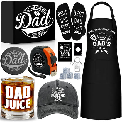 14 Pcs Dad Gifts, Unique Best Father Ever Gift with 11 Oz Dad Juice Whiskey Glass 4 Whiskey Stones Coaster Apron Hat Sock Tape Measure Keychain, Birthday Father's Day Christmas Gift for Papa, Husband