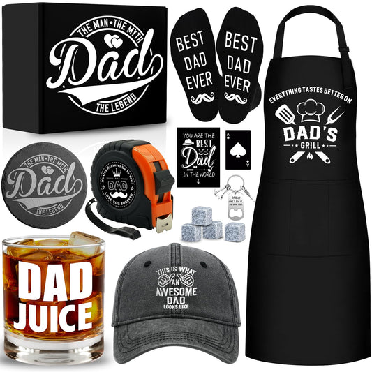 14 Pcs Dad Gifts, Unique Best Father Ever Gift with 11 Oz Dad Juice Whiskey Glass 4 Whiskey Stones Coaster Apron Hat Sock Tape Measure Keychain, Birthday Father's Day Christmas Gift for Papa, Husband