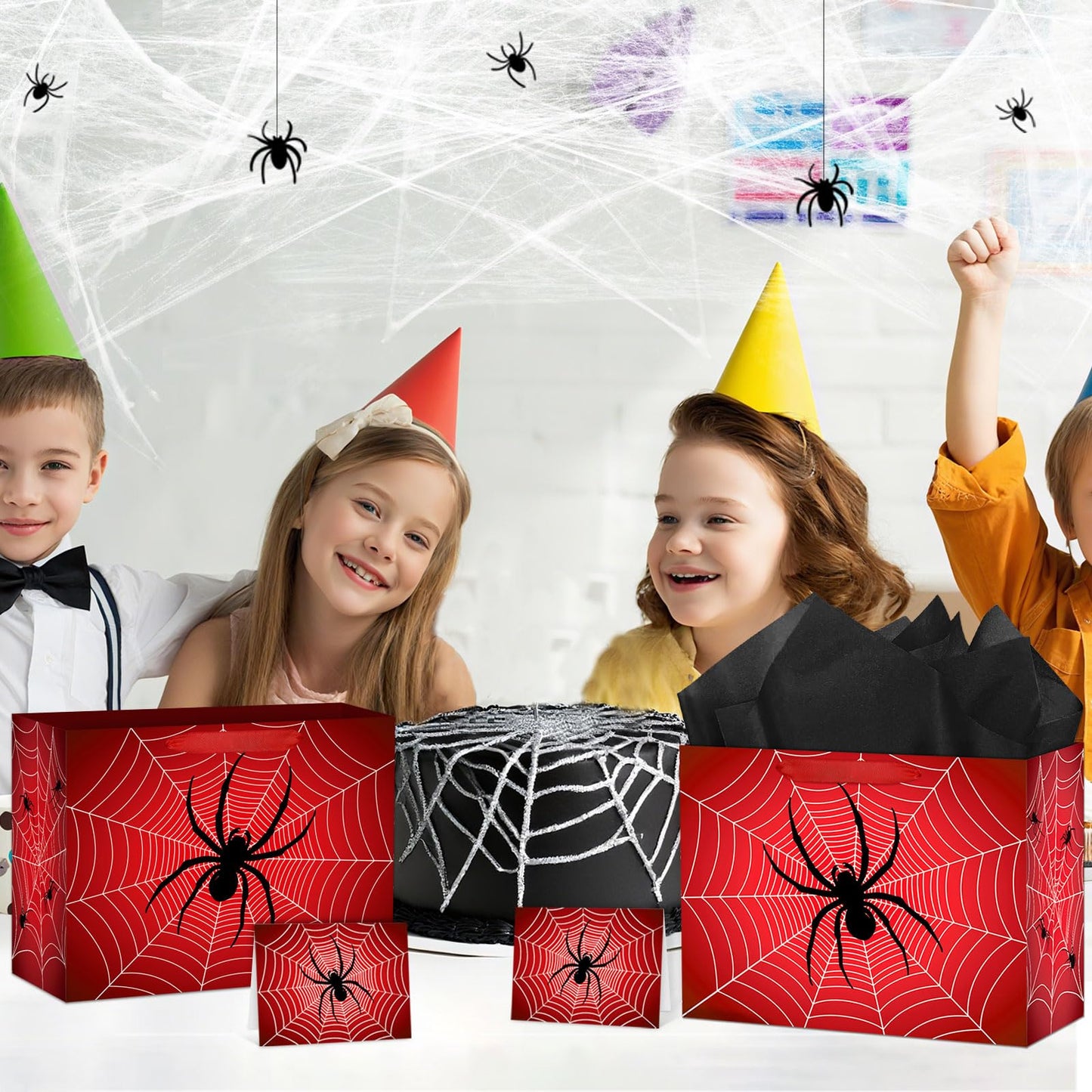 Abilat Large Spider Gift Bag with Tissue Paper and Greeting Card Red Spider Web Birthday Party Favor Wrapping Bag for Boys Men Valentine Halloween Party Decorations