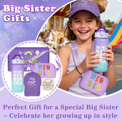 Big Sister Gifts for Girls – Purple Big Sister Gift Set with 20oz Water Bottle, Waist Bag, Baseball Cap & Bracelet, New Big Sister Gifts for Girls