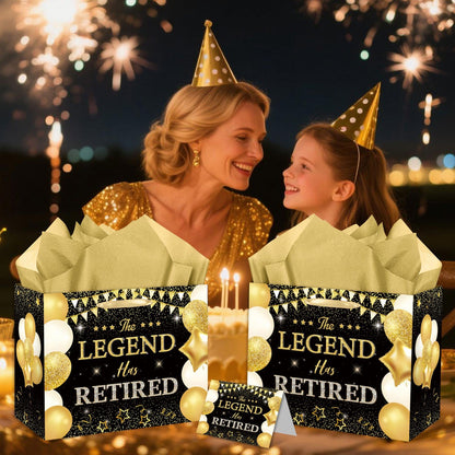 HSKMAKE Black Gold Retirement Gift Bag The Legend Has Retired Large Gift Bag with Greeting Card Gold Tissue Paper for Women Men Coworker Farewell Going Away Party Favors Decorations Supplies