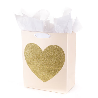 Hallmark 13" Large Gift Bag with Tissue Paper (Gold Glitter Heart) for Birthdays, Bridal Showers, Weddings, Anniversaries, Sweetest Day and More