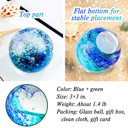 YWHL Hand Blown Ocean Decor Glass Waves Figurines Ball, Ocean Themed Gifts for Women Men, Sea Glass Decoration Collectible Figurines Paperweight for Home Office Decor