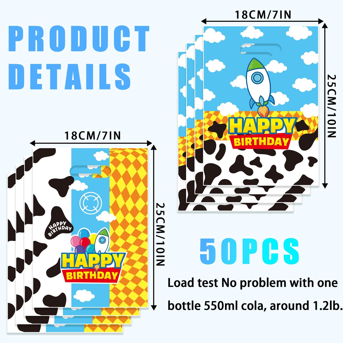 CHENRINDECO 50Pcs Cartoon Story Goodie Bags Cow Pattern Birthday Party Favor Bags Blue Sky White Cloud Plastic Bags with Handle for Toy Themed Birthday Party Supplies
