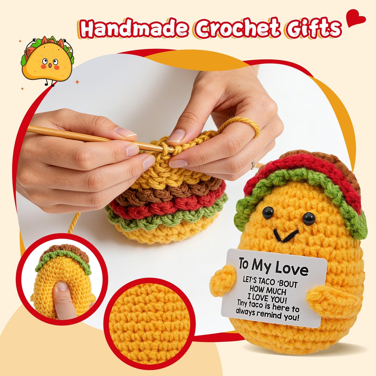 Mothers Day Wife Gifts for Wife from Husband - Handmade Positive Crochet Taco Plush, Romantic Valentines Day Birthday Anniversary Gifts for Her, Taco Stuffed Animal for Desk Decor, Home Decor