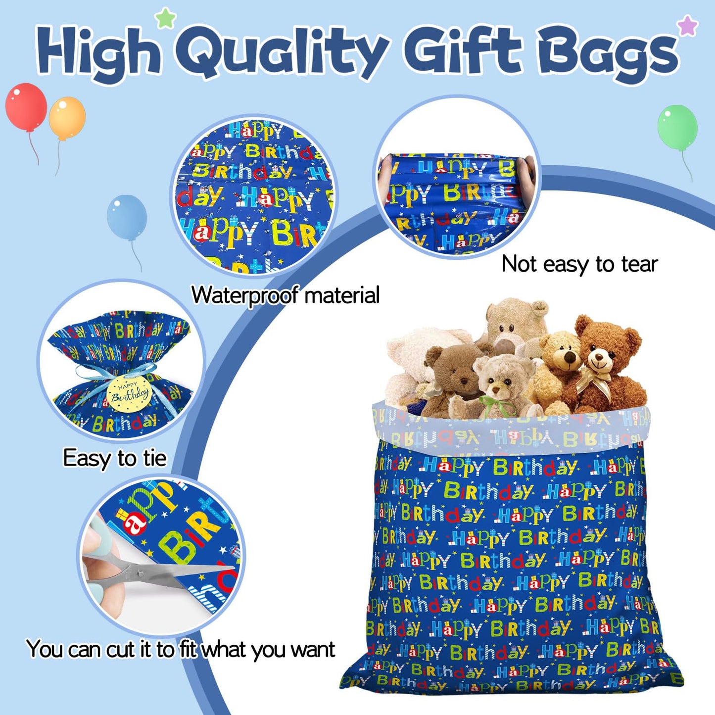 Laidans 56" Extra Large Blue Plastic Gift Bag, Jumbo Happy Birthday Gift Bag with Tag and Tie for Boy Kids Birthdays Parties or Holiday