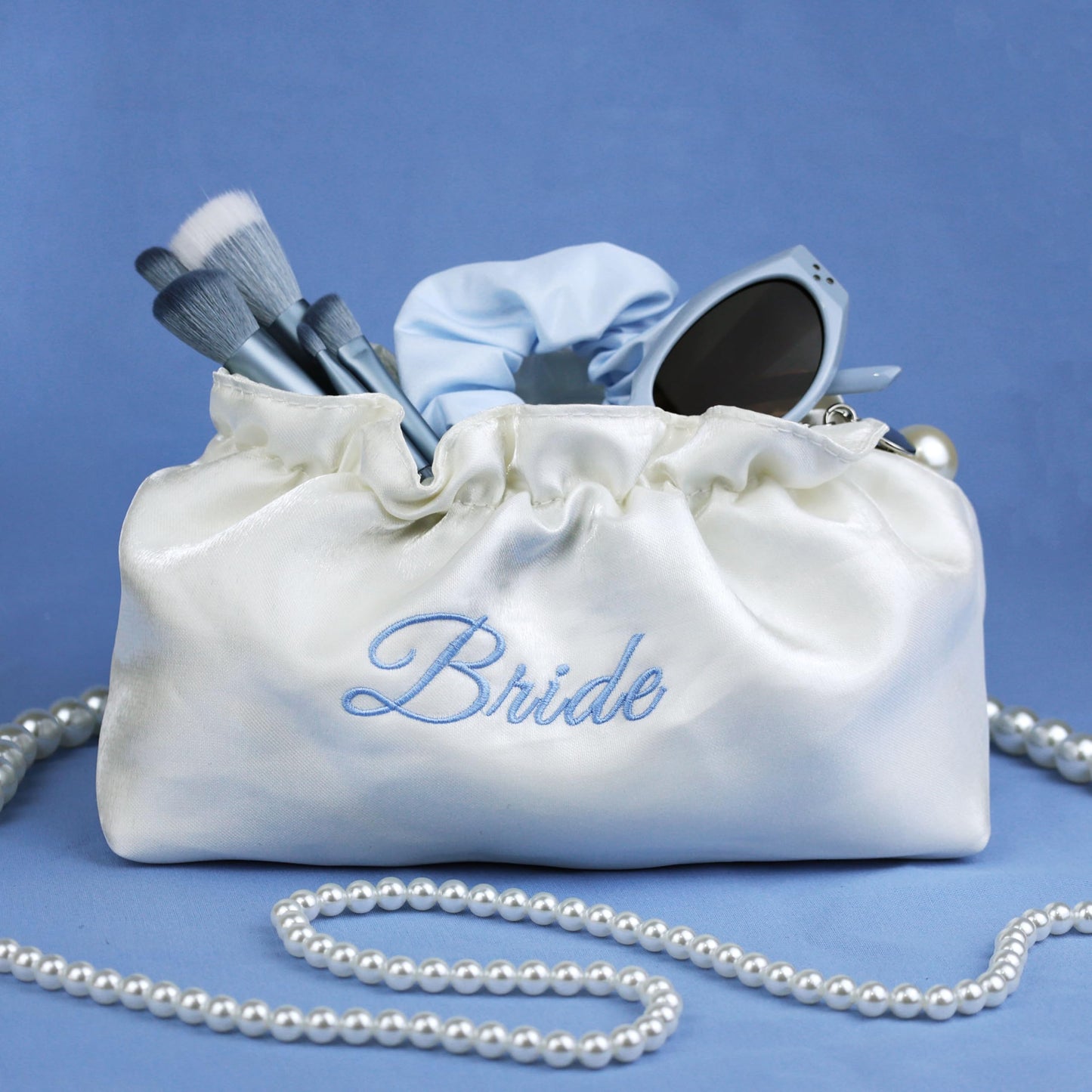 Embroidered Bride Cosmetic Bag| Creamy White Satin Something Blue Silk Makeup Bag Bling Pearl Bride To Be Purse for Bridal Shower Bachelorette Party Women Wedding Engagement Gift