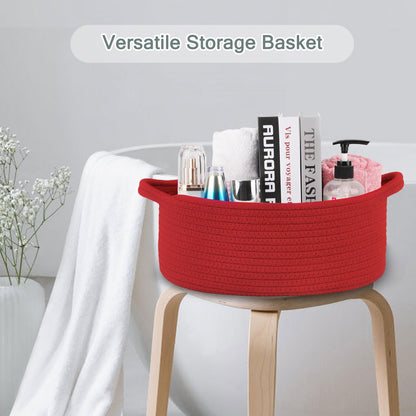 COMSE Small Woven Basket with Gift Bags and Ribbons, Gift Basket Empty, Cotton Rope Storage Organizer, Baby Toy Box with Handles, 12" x 8" x 5", Red