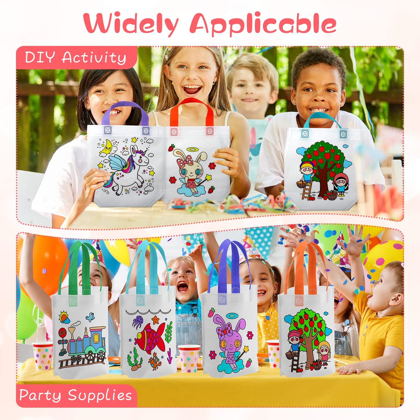 BBTO 100 Pcs Coloring Goodie Bags Cute Cartoon Reusable Party Favor Paint Non Woven Goodie Bags for Kids Birthday Party Art DIY Crafts Supplies, 20 Styles