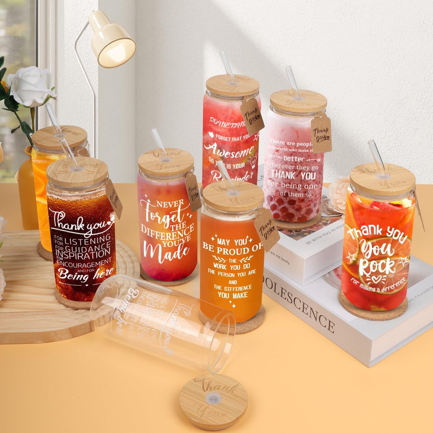 8 Set Employee Appreciation Gifts Glass Cups, Thank You Teacher Appreciation Gifts for Staff Coworker 16oz Can Shaped Beer Glass Cups, Gift Box, Hanging Cards and Coaster Birthday Gift for Team Women