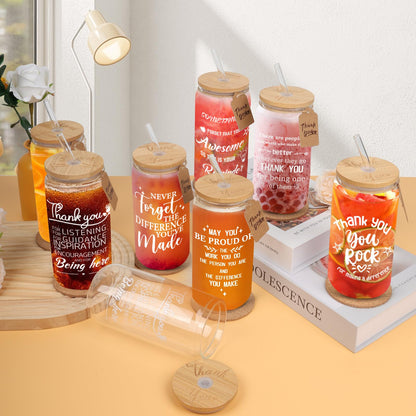 8 Set Employee Appreciation Gifts Glass Cups, Thank You Teacher Appreciation Gifts for Staff Coworker 16oz Can Shaped Beer Glass Cups, Gift Box, Hanging Cards and Coaster Birthday Gift for Team Women
