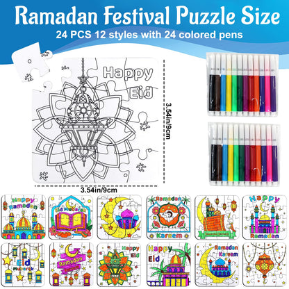 24 Pcs Ramadan Crafts for Kids, Eid Mubarak Arts and Crafts DIY Puzzle with Lanterns, Stars, Masjid, Moon, Castles, Ramadan Eid Activities Painting Kits for Islamic Gifts Party Favors & Goodies Bulk