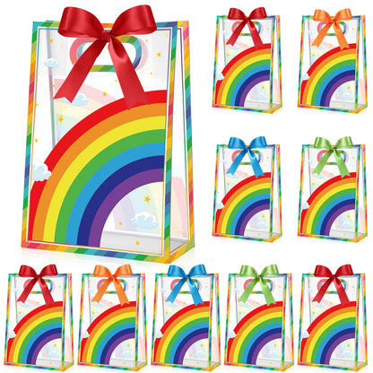 Aliceset 12 Pcs Rainbow Party Clear Goodie Bags with Handles Rainbow Theme Favor Bags with Ribbon Colorful Wrapping for Birthday Gay Pride Baby Shower Candy Snack Treat Wrapping Supplies, 10x7x3.15''