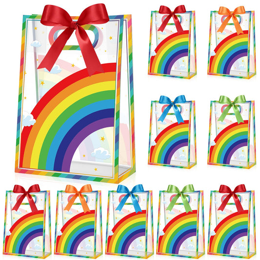 Aliceset 12 Pcs Rainbow Party Clear Goodie Bags with Handles Rainbow Theme Favor Bags with Ribbon Colorful Wrapping for Birthday Gay Pride Baby Shower Candy Snack Treat Wrapping Supplies, 10x7x3.15''