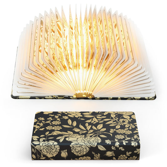 Floral Print Book Light,3-Color Book Lamp Book Lovers Gifts | 1200mAh Portable Foldable Paper Desk Lamp | Night Reading Bookshelf Lamp,Valentine Ambient Lighting Decorations Gifts(Black Gold)
