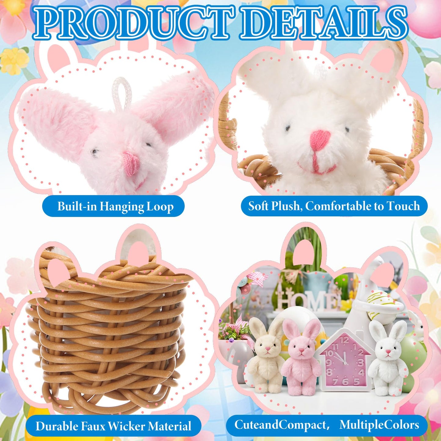 Seenelling 24 Set/ 72 Pcs Easter Gifts Bulk, Mini Easter Bunny Plush with Mini Wicker Basket, 2.4 in Stuffed Rabbit with 3.1 in Woven Basket, Bunny Party Favor, Team Appreciation Gift