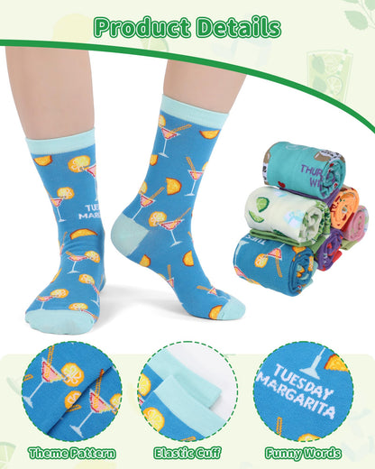 Newcotte 7 Pairs Women's Funny Drink & Alcohol-themed Crew Socks, Novelty from Sunday to Saturday Drink Week Gift, Liquor Wine and Beer Socks for Drinking Lover Cocktail Enthusiast Birthday Holiday