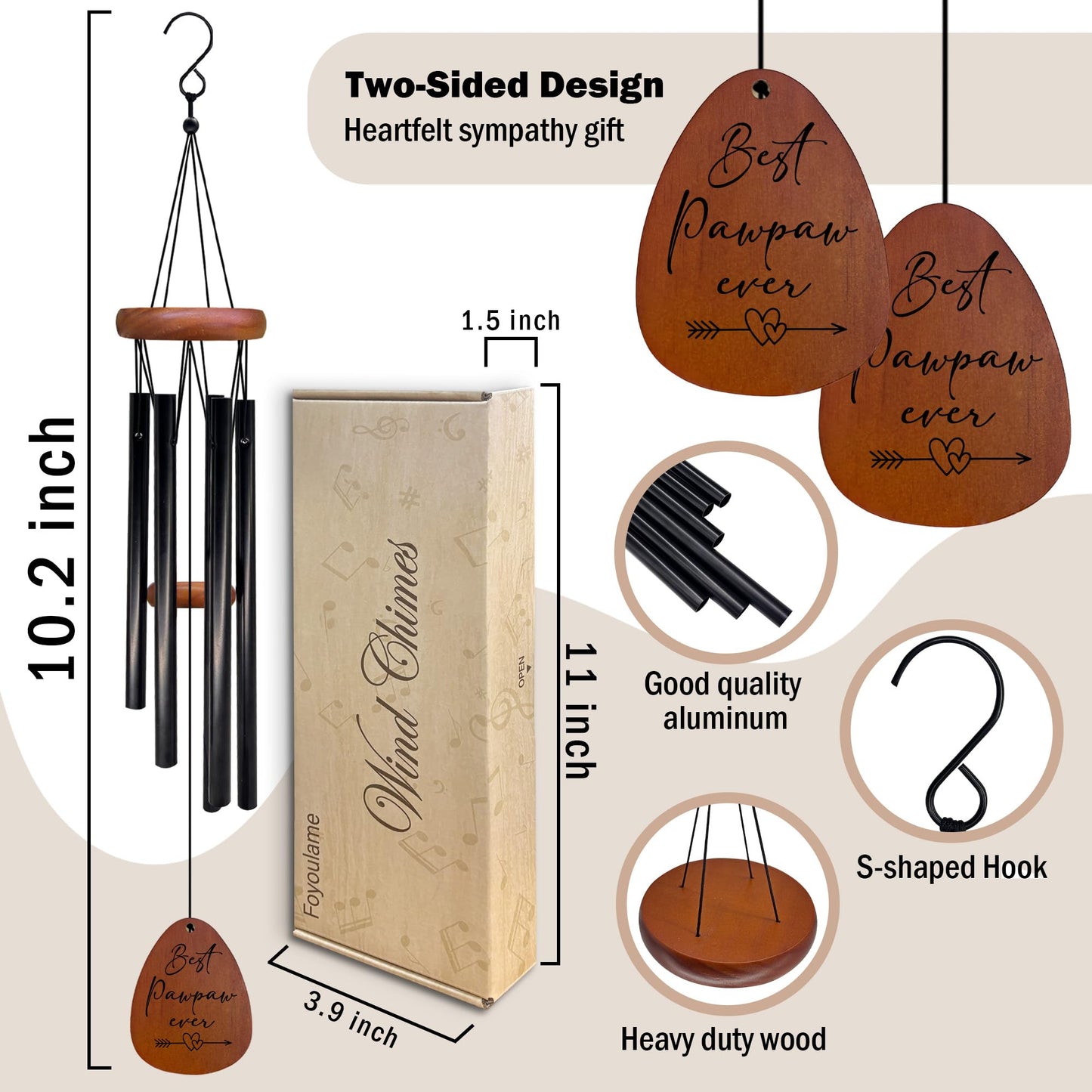 Pawpaw Gifts Wind Chimes, Pawpaws Wind Chimes for Outside, Fathers Day Christmas Birthday Gifts for Pawpaws Grandpa from Grandkids Grandchildren, Best Pawpaw Ever Chime 26" Inches
