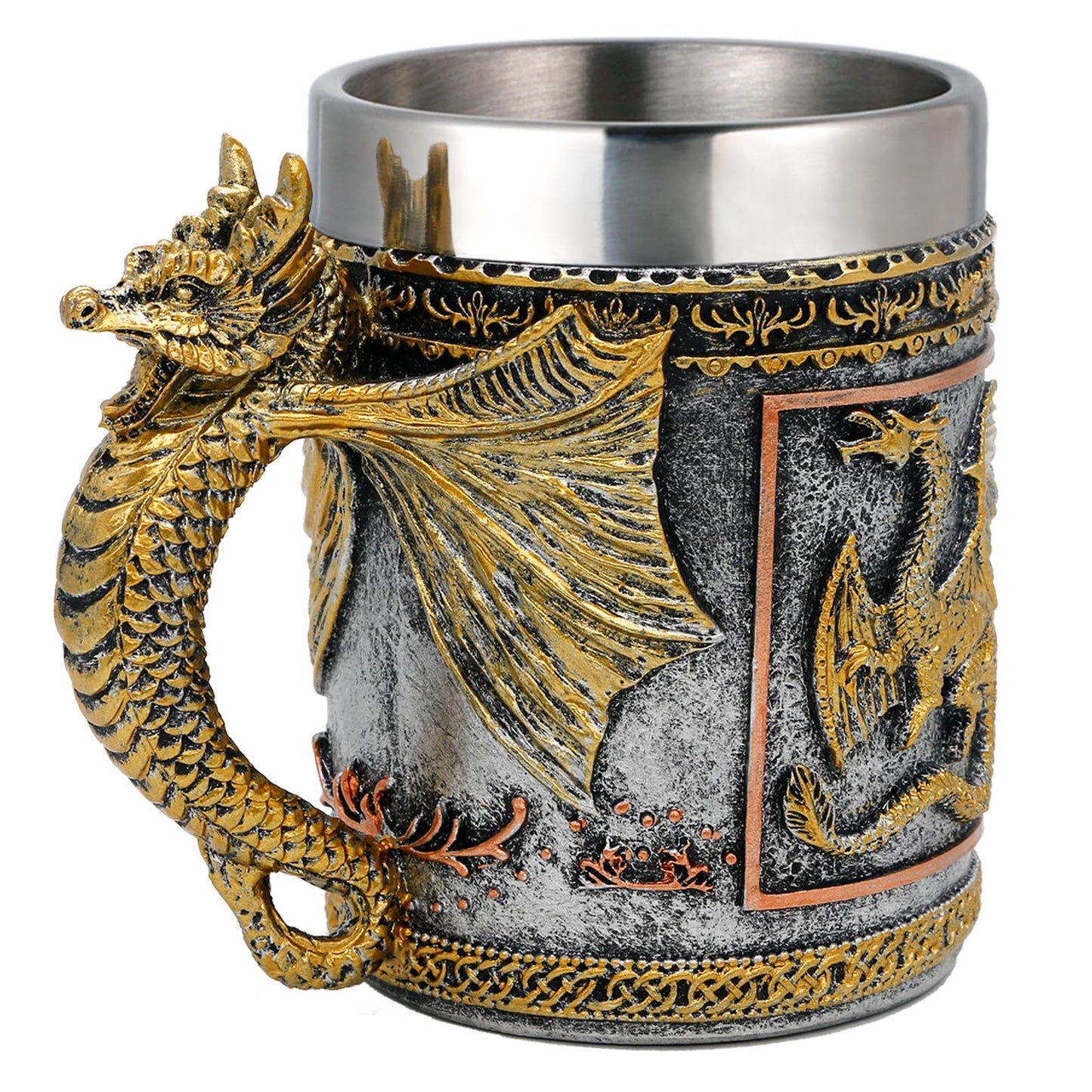alikiki Medieval D&D Dragon Coffee Mug - 15.8oz Stainless Gold Roaring Dragon Beer Drink Mug for GOT Lovers Collector Ideal Novelty Gothic Father Day Gift Party Decoration
