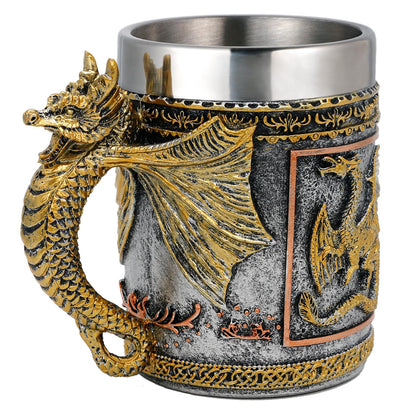 alikiki Medieval D&D Dragon Coffee Mug - 15.8oz Stainless Gold Roaring Dragon Beer Drink Mug for GOT Lovers Collector Ideal Novelty Gothic Father Day Gift Party Decoration