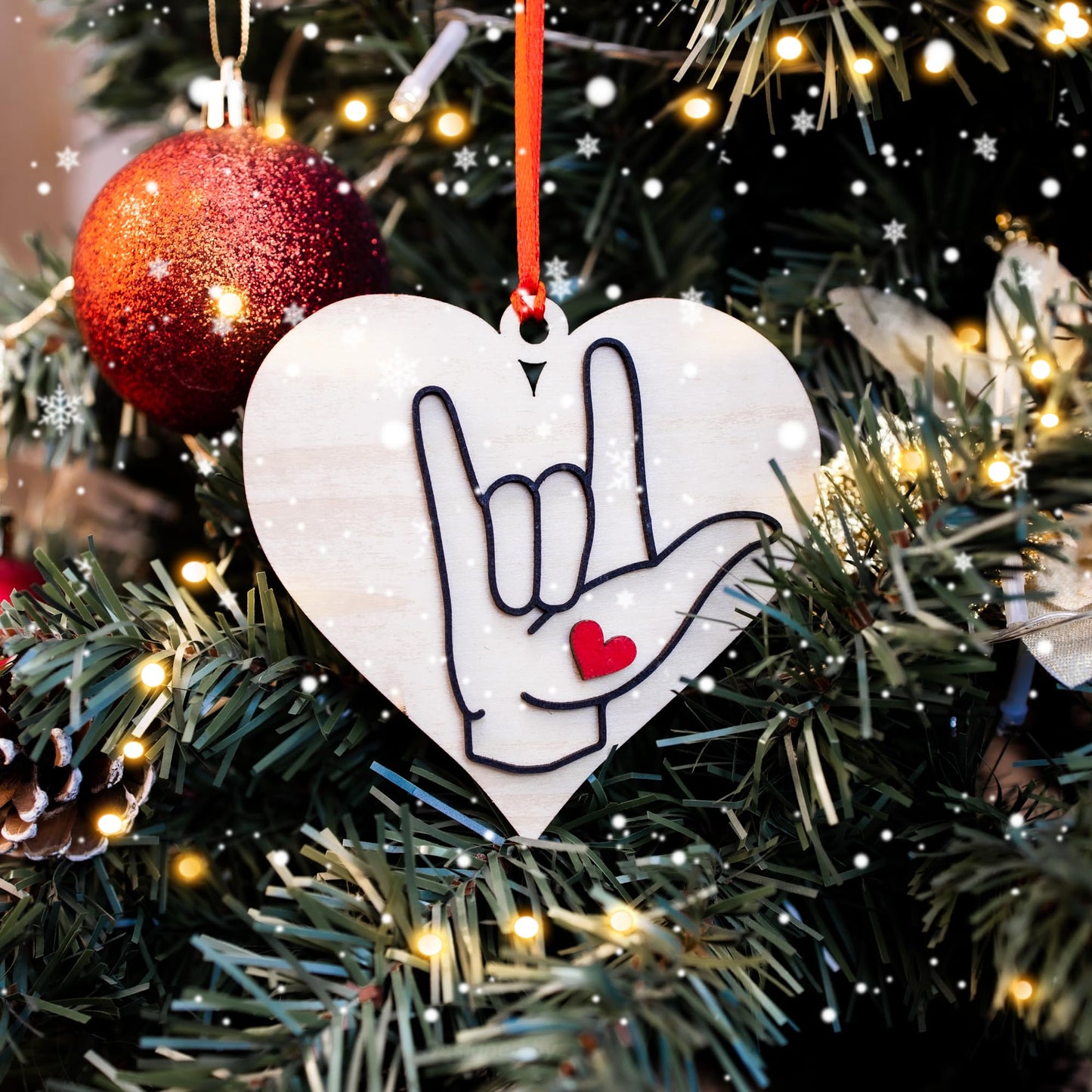 Wooden Christmas Ornaments Sign Language Ornament, I Love You Heart, Christmas Ornament, American Sign Gift (LSO25)