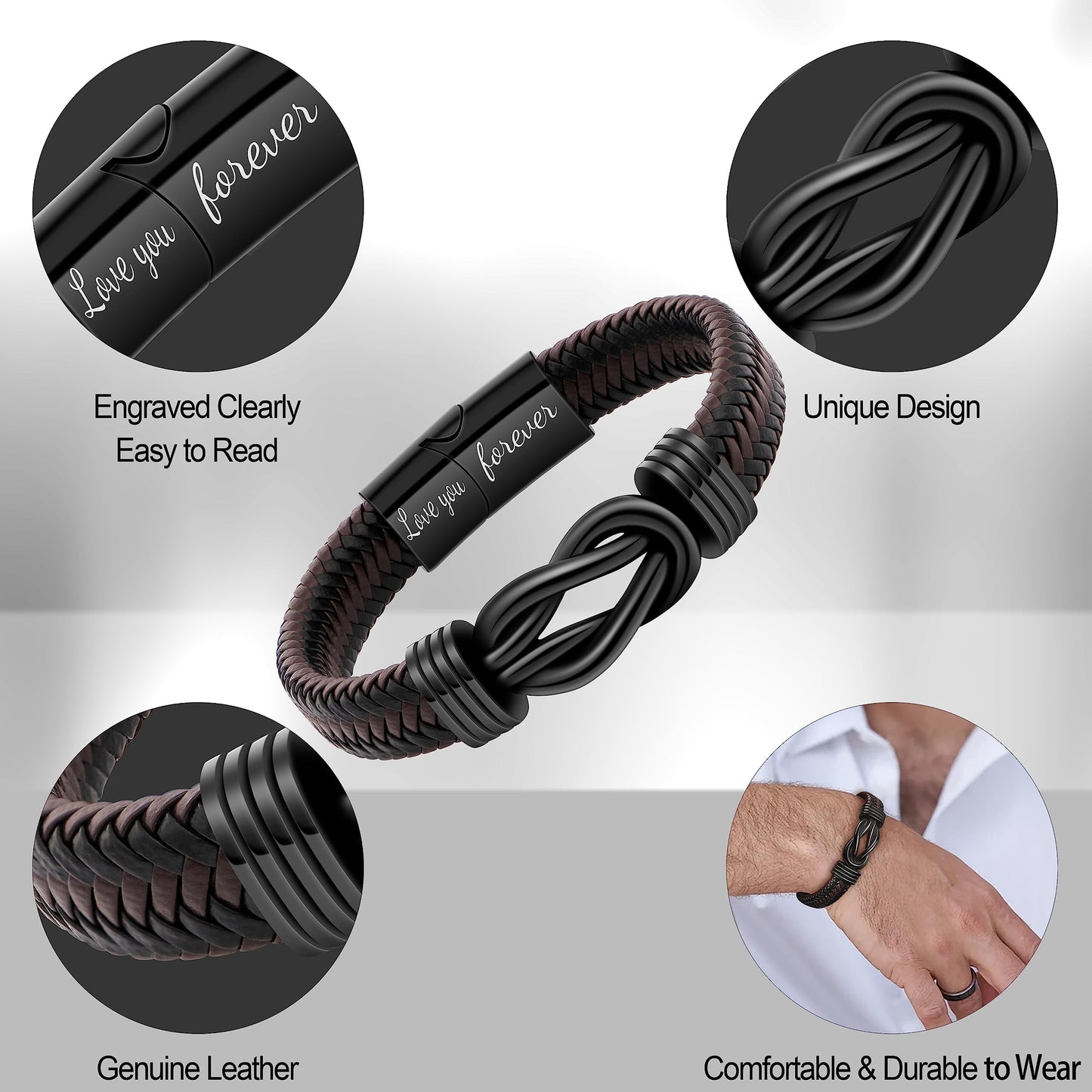 Gift for Men Infinity Bracelet for Men Dad Husband Boyfriend Son Grandson Brother Nephew Uncle Brown Braided Leather Forever Linked Together Stainless Steel Engraved with Love You Forever Jewelry 7.5|8.5|9 Inches