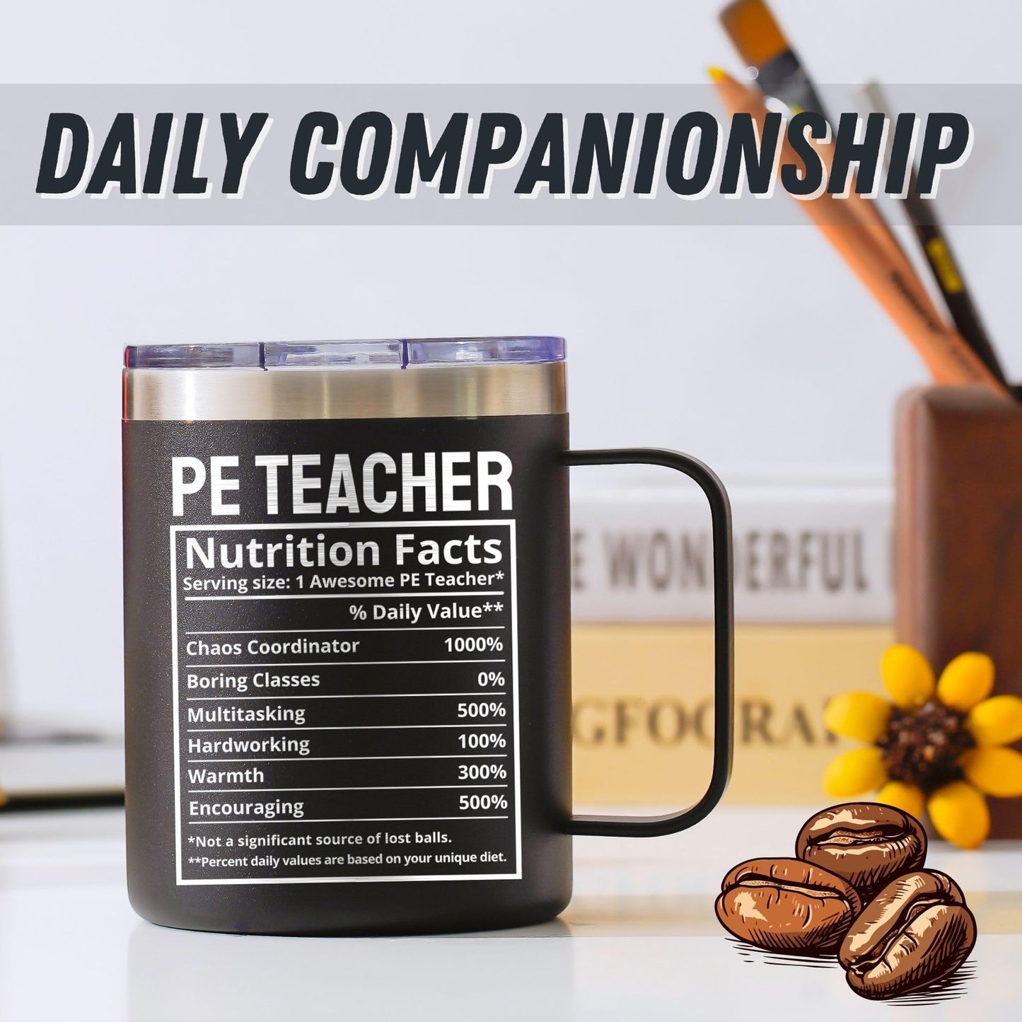 Onebttl PE Teacher Appreciation Gifts Coffee Mug for Men Women, 12oz/350ml Cup with Lid for Christmas, School End of Year