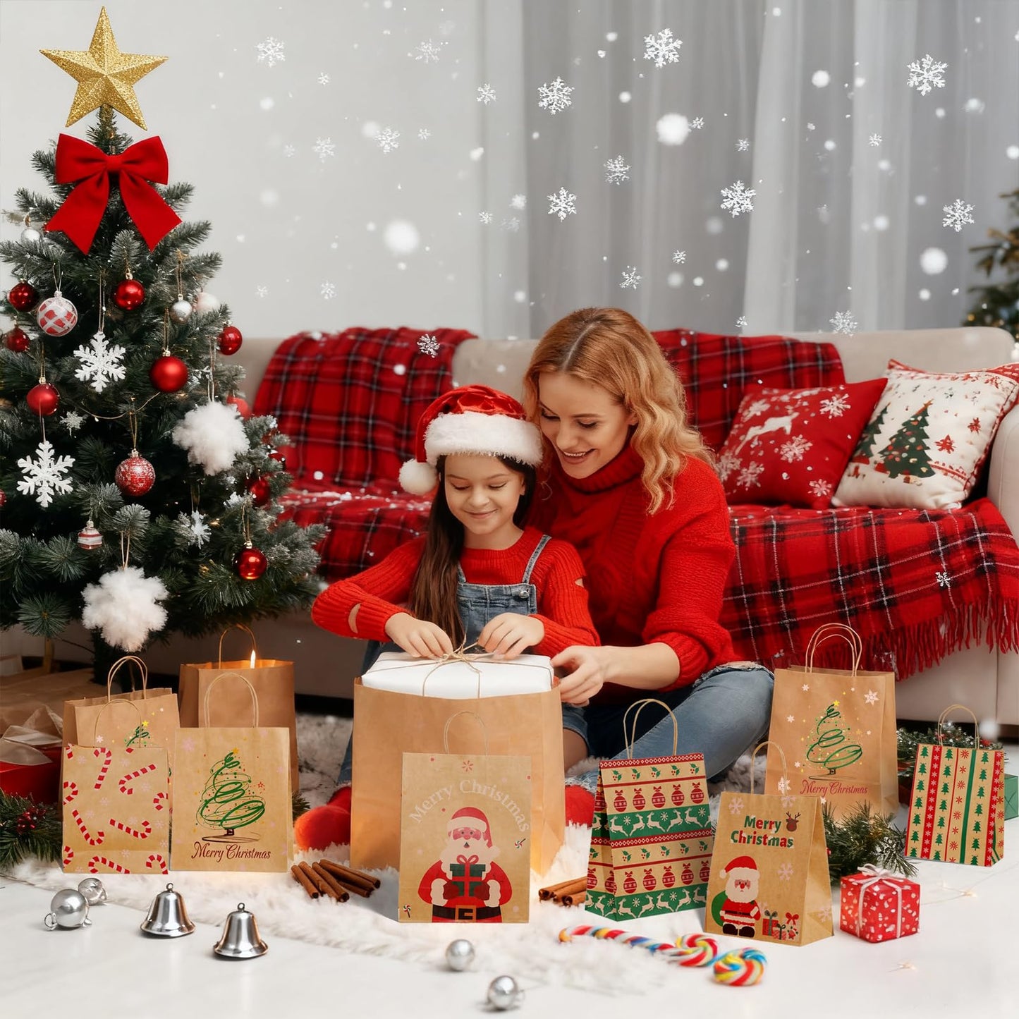 SUNEE Christmas Gift Bags, 24 Pack Christmas Bags for Gifts with Handles, 6 Assorted Kraft Paper Gift Bags Bulk with Xmas Tree, Santa Claus, Candy Designs, 7.28*3.15*8.7 Goodie Bags for Kids, Small Size