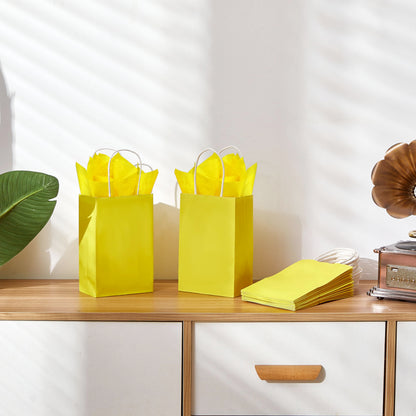 SUNCOLOR 24-Pack Yellow Paper Gift Bags with Handles, 7.9x5.12x3.15 Inches,Small Kraft Paper Bags, Includes Tissue Paper for Parties, Birthdays, Easter, Baby Showers