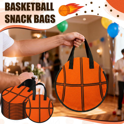 Yeyeplum 12 Pcs Basketball Party Favor Bags 10 × 10 Inch Basketball Gift Bags with Handle Round Non Woven Gift Pouches for Goodie Candy Snacks Sports Themed Birthday Party Supplies