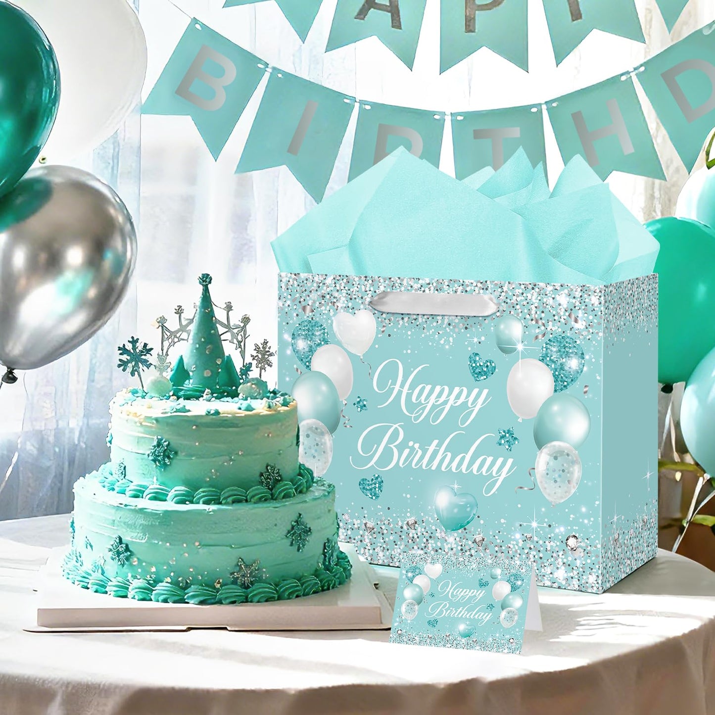 Teal Birthday Gift Bag for Girls Women Turquoise Birthday Gift Wrap Bag with Handle Teal Wrapping Paper Greeting Card for Kids Baby Shower Anniversary Turquoise Party Favors Decorations Supplies