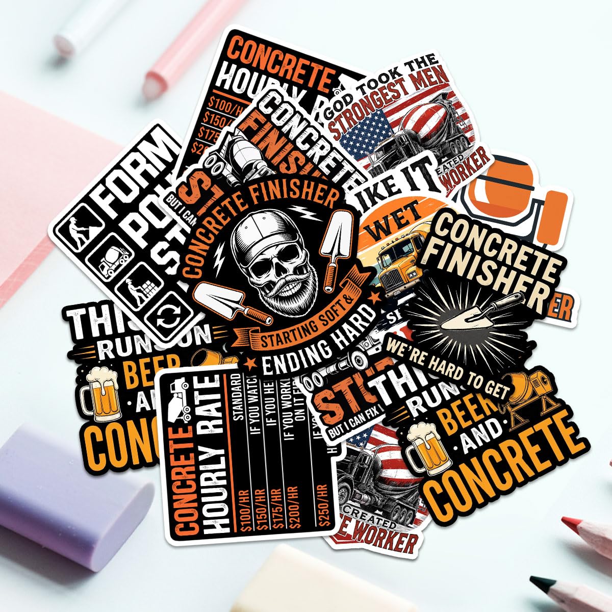 10 Pcs Funny Concrete Worker Stickers – Waterproof Vinyl Decals for Hard Hats, Toolboxes, Tumblers, Laptops – Gift for Concrete Finishers & Construction Crews (3 inch)