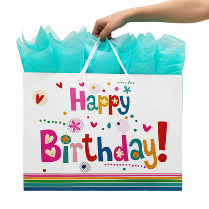 Qirrmiy 16.5” Extra Large Gift Bag Set with Greeting Card and Green Tissue Paper(Cute ‘Happy Birthday’) for Baby,Kids Birthday Party,Men and Women, Newborn,New Moms or Parents, and More
