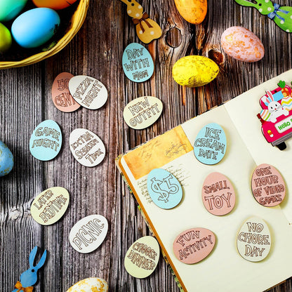 Menkxi 30 Pack Wooden Easter Egg Tokens Basket Stuffers Easter Reward Tokens with 30 Different Engraved Sayings Eggs Filled Activity for Teens Adults