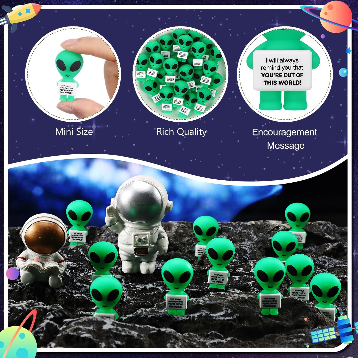 Gejoy 25 Pcs Mini Alien Figures Positive Gifts Motivational Message Decorations Inspirational Rubber Mini Alien Figurines for Colleague Staff Teacher