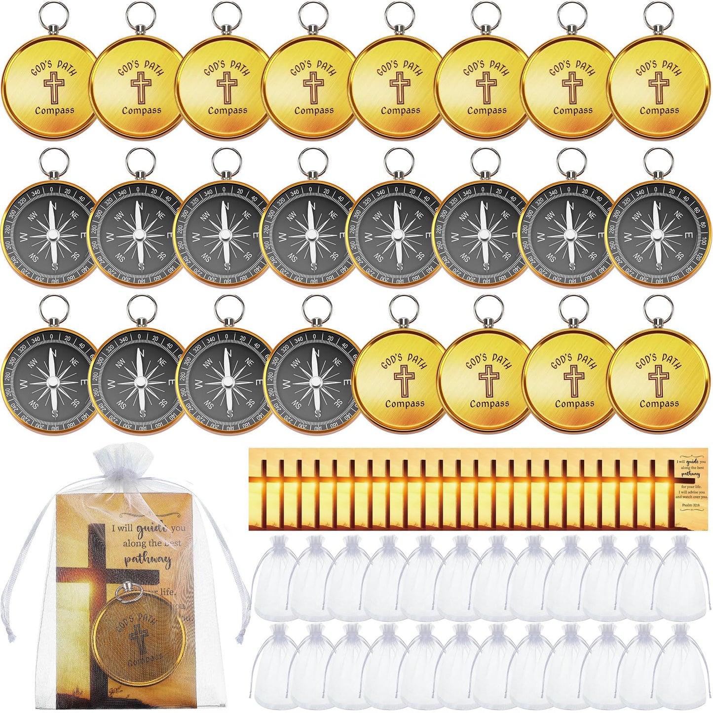 Relaxweex 24 Set Mini Christian Compass Christian Gift for Men Compass with Cards and White Drawstring Organza Bag Bible Scripture Cards Religious Gifts for Men Graduation Gift Wedding
