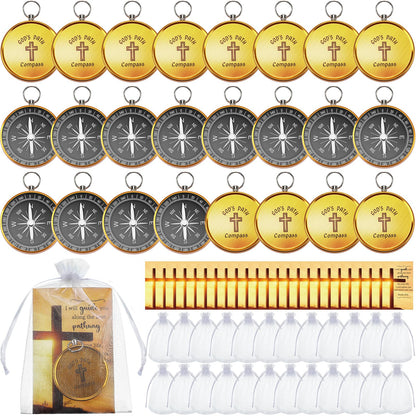 Relaxweex 24 Set Mini Christian Compass Christian Gift for Men Compass with Cards and White Drawstring Organza Bag Bible Scripture Cards Religious Gifts for Men Graduation Gift Wedding