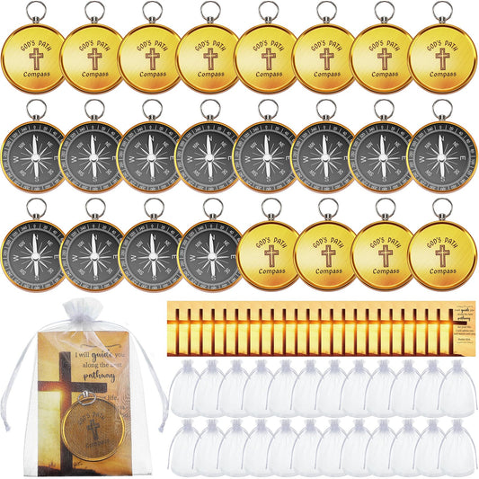 Relaxweex 24 Set Mini Christian Compass Christian Gift for Men Compass with Cards and White Drawstring Organza Bag Bible Scripture Cards Religious Gifts for Men Graduation Gift Wedding