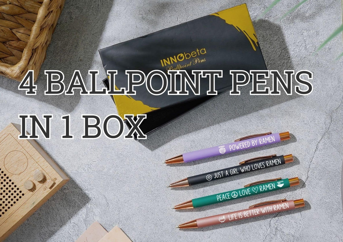 InnoBeta Ramen Gifts, Powered by Ramen, Japanese Gifts, Ballpoint Pen Set of 4
