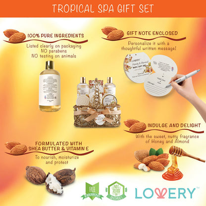 Mothers Day Gift Basket, Gifts for Mom, Daughter, Grandma, Wife, Spa Honey & Almond Scent, Luxury Bath & Body Set, Shower Gel, Bubble Bath, Body Lotion, Salts, Bath Bomb, Bath Puff & Handmade Basket